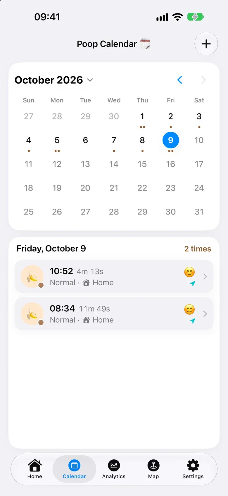 Calendar screen with a dot under each day that has records