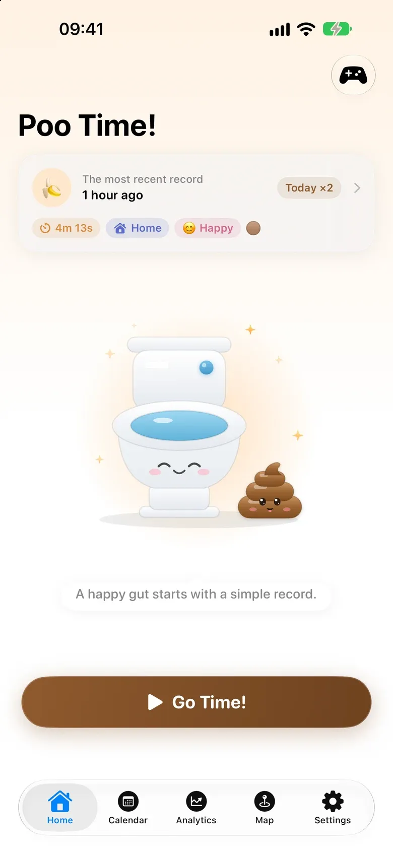 PooTime! home screen with the Go Time! button and the mascots