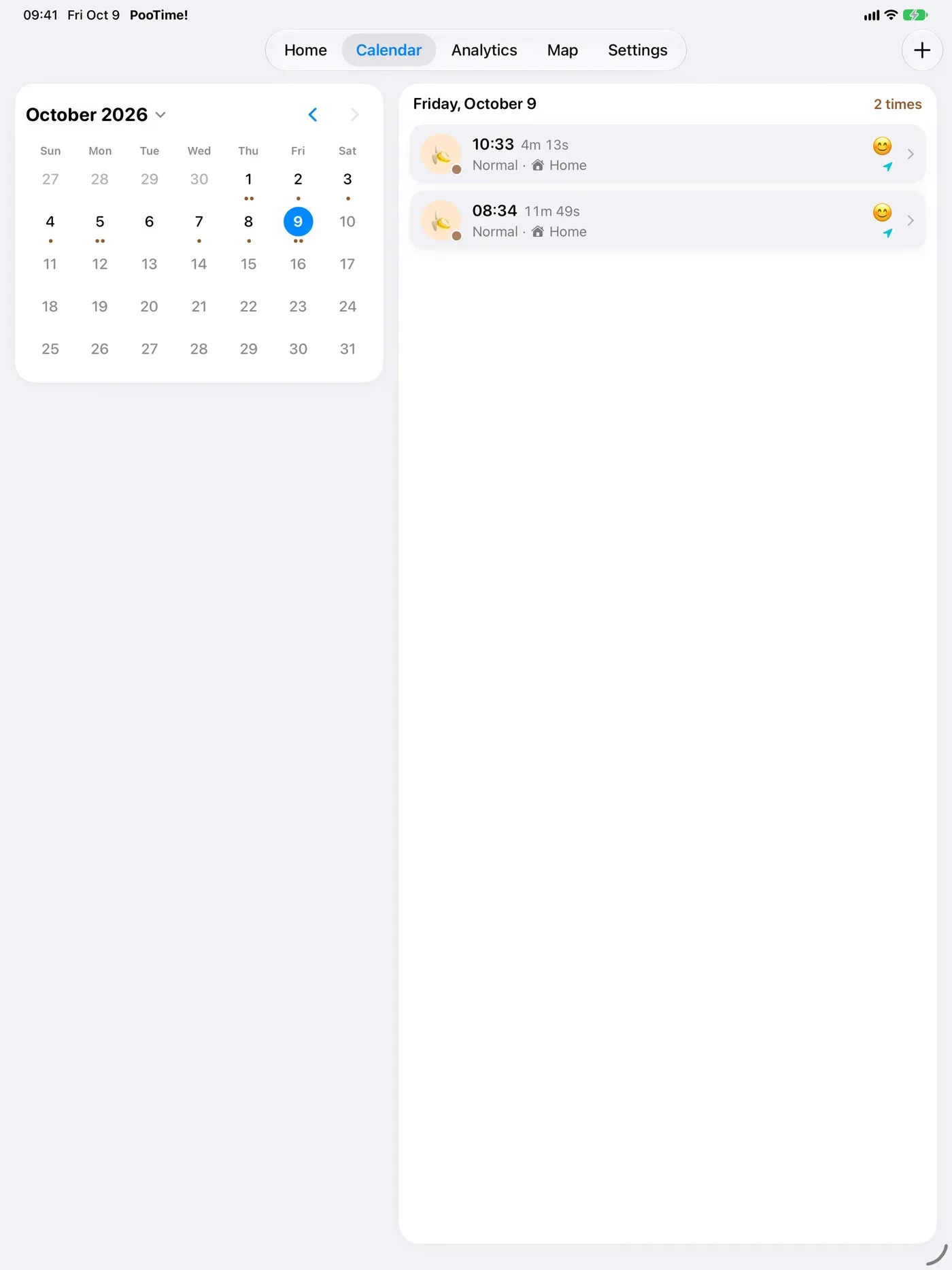 PooTime! calendar on iPad with the month on the left and the day's records on the right