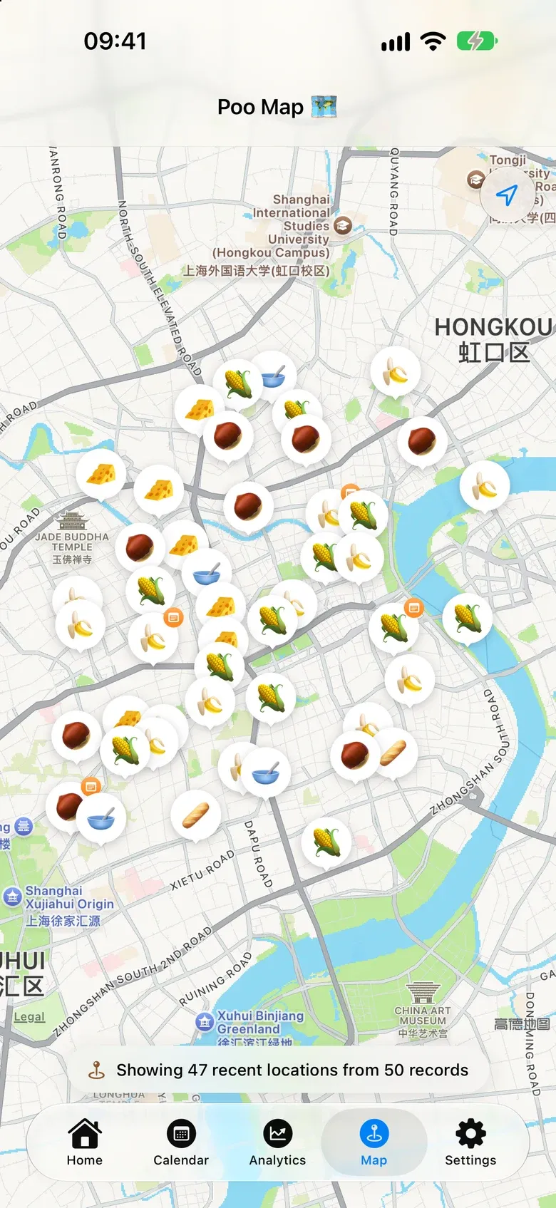 Map screen covered in small food-shaped pins