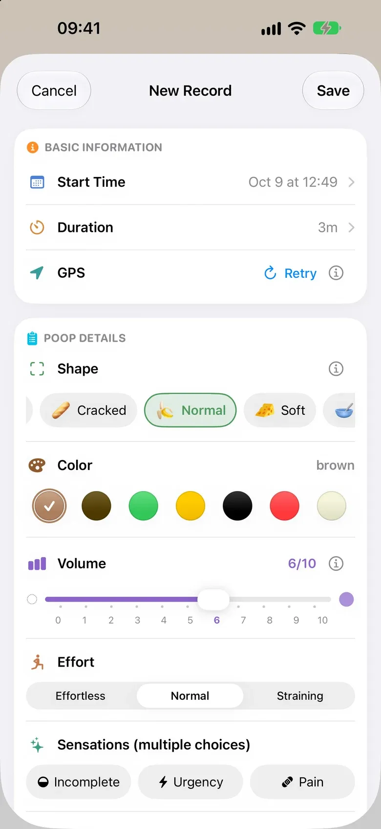 New record form with shape, color and volume pickers