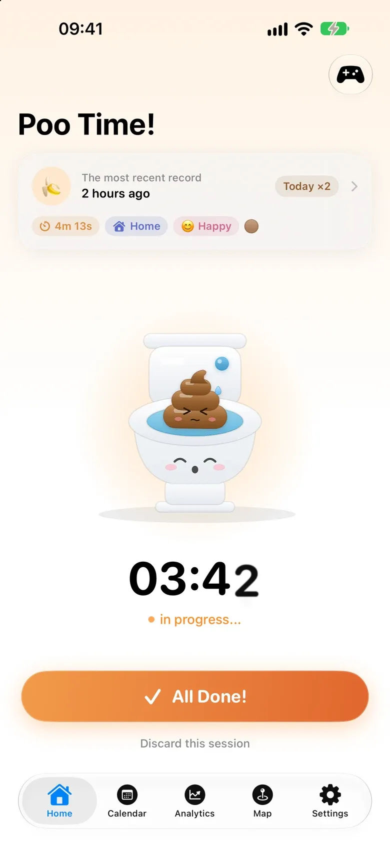 PooTime! timing a visit, showing 03:42 and the All Done! button
